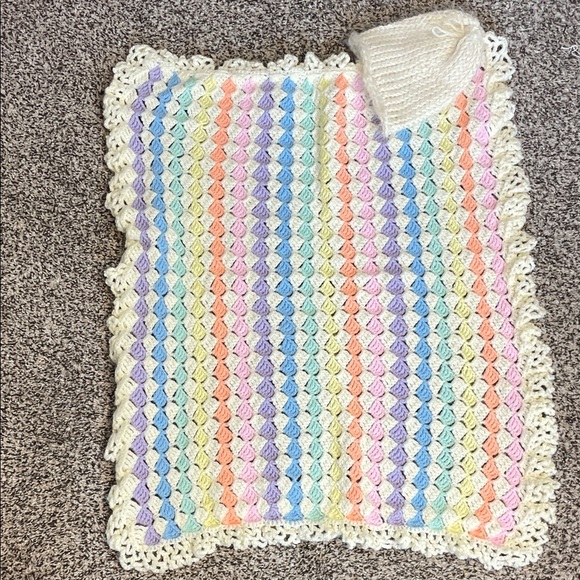 Handmade Crochet Baby Blanket & Hat Set – Pastel Rainbow with Lace Trim - Picture 7 of 10